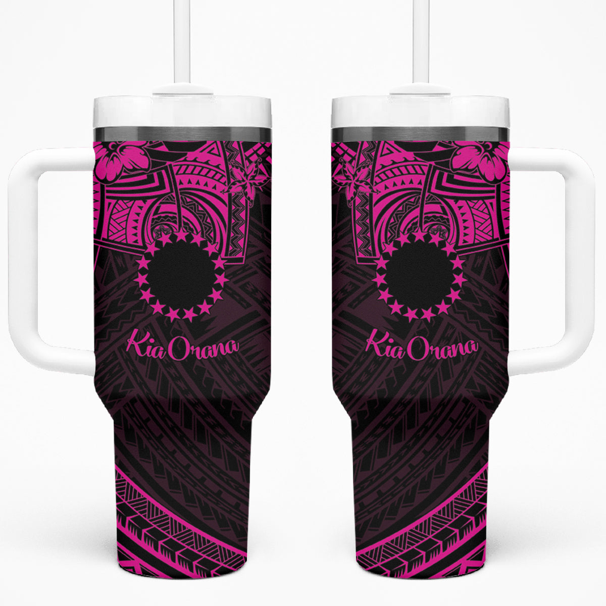 Kia Orana Cook Islands Tumbler With Handle Circle Stars With Floral Pink Pattern