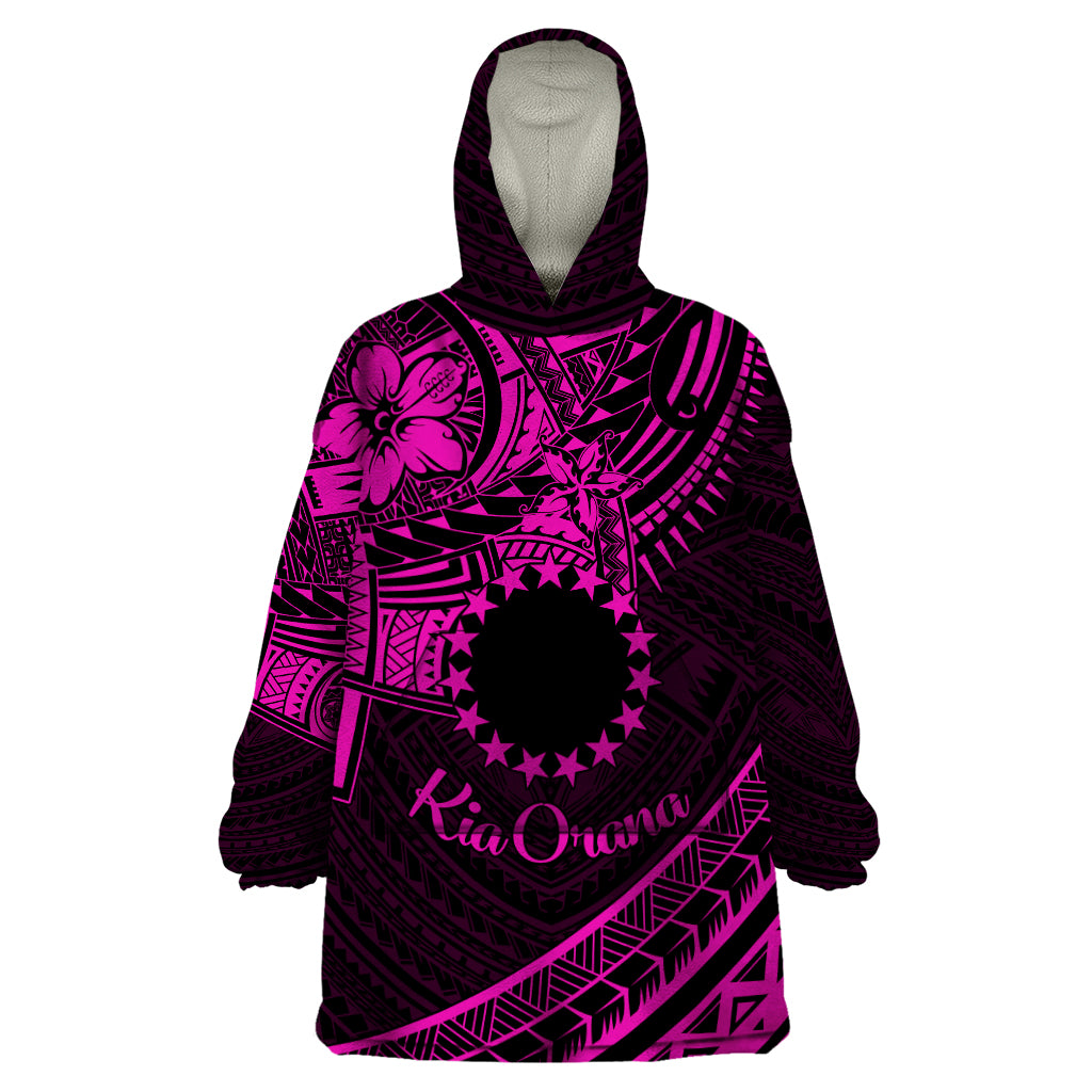 Kia Orana Cook Islands Wearable Blanket Hoodie Circle Stars With Floral Pink Pattern LT01 One Size Pink - Polynesian Pride