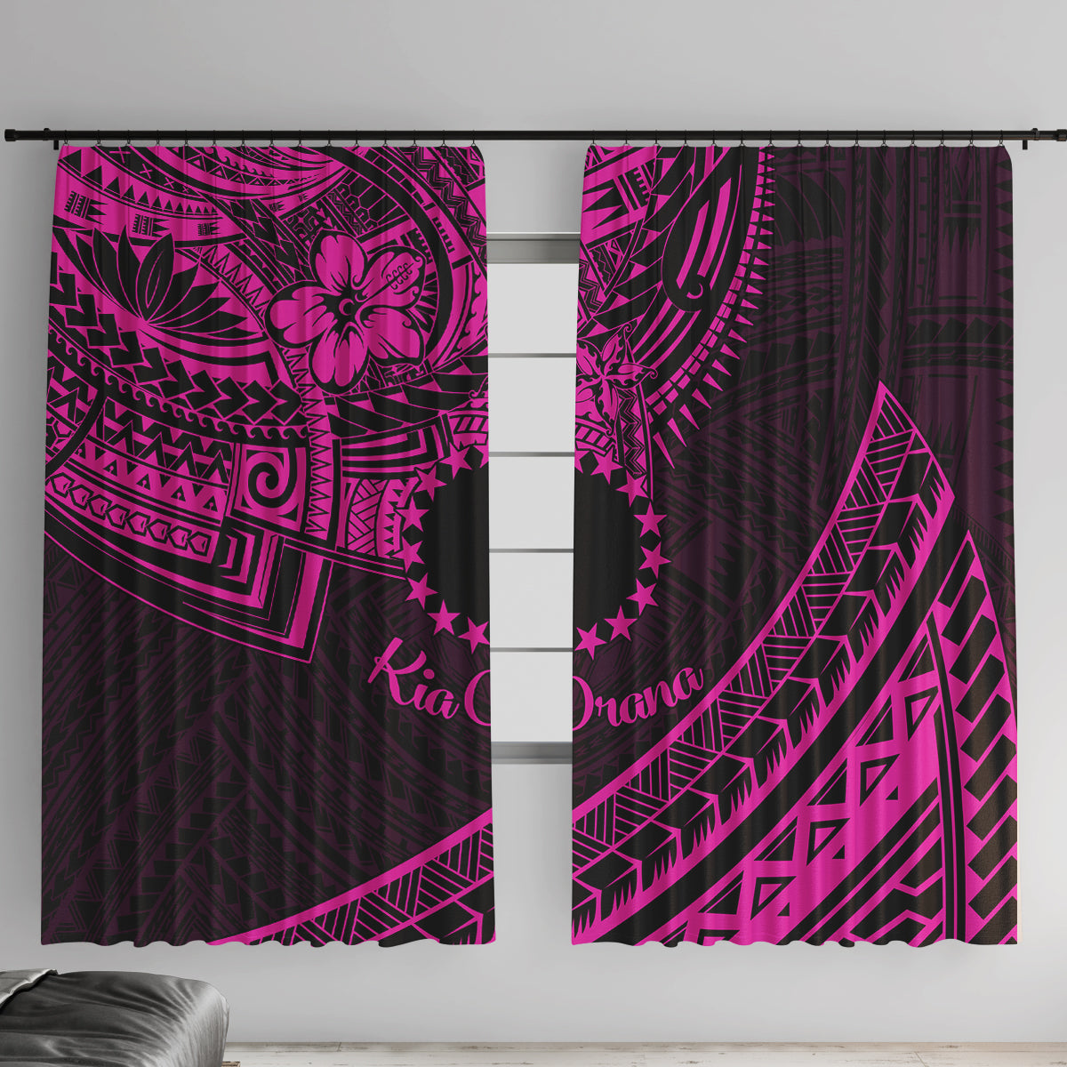 Kia Orana Cook Islands Window Curtain Circle Stars With Floral Pink Pattern LT01 With Hooks Pink - Polynesian Pride