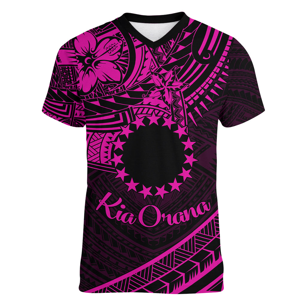 Kia Orana Cook Islands Women V Neck T Shirt Circle Stars With Floral Pink Pattern LT01 Female Pink - Polynesian Pride