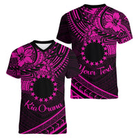 Kia Orana Cook Islands Women V Neck T Shirt Circle Stars With Floral Pink Pattern LT01 - Polynesian Pride