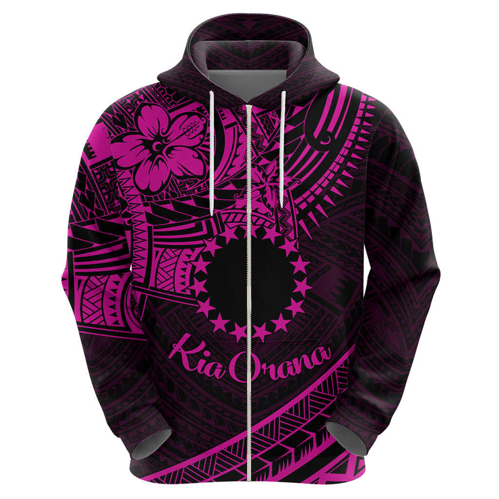 Kia Orana Cook Islands Zip Hoodie Circle Stars With Floral Pink Pattern LT01 - Polynesian Pride