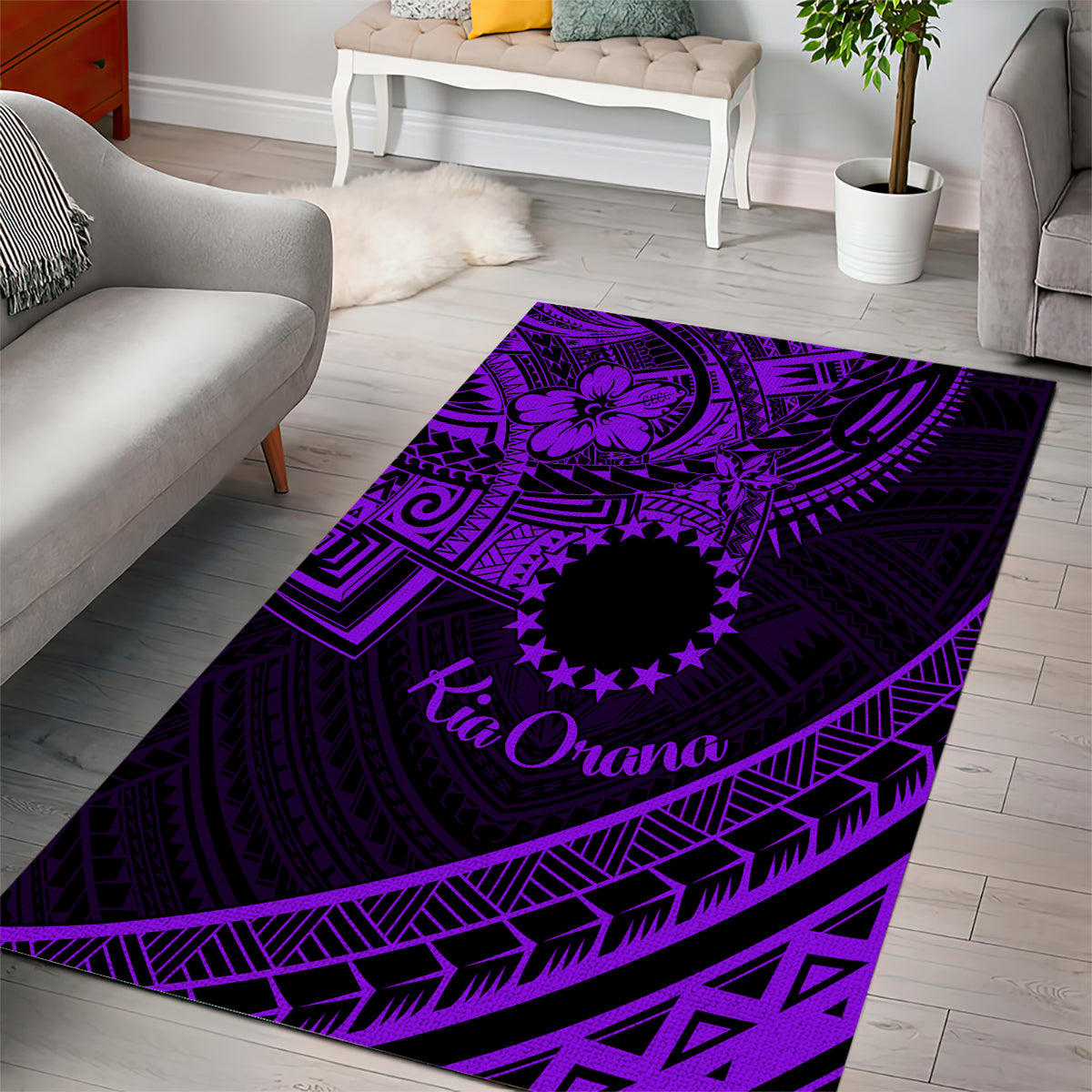 Kia Orana Cook Islands Area Rug Circle Stars With Floral Purple Pattern LT01 - Polynesian Pride