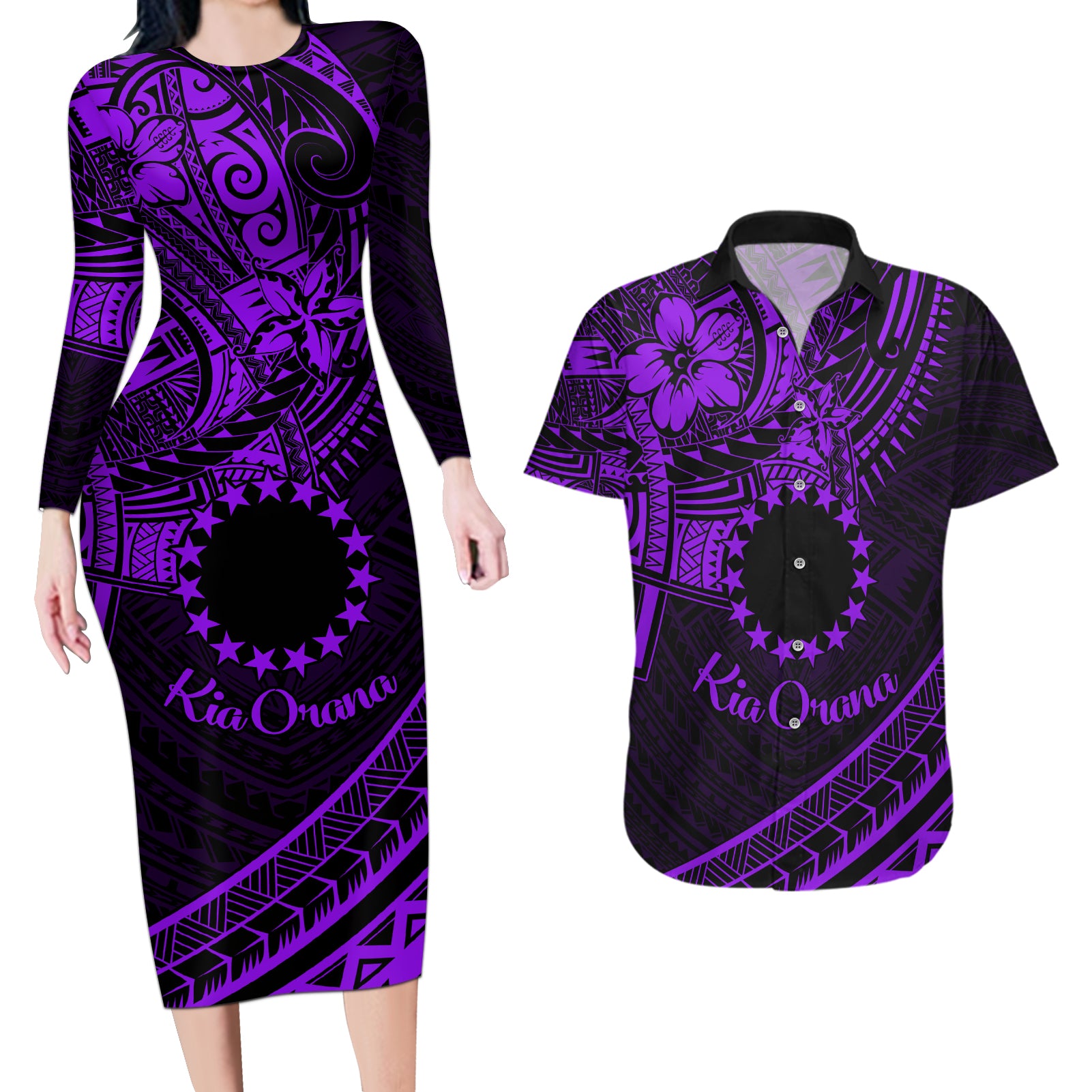 Kia Orana Cook Islands Couples Matching Long Sleeve Bodycon Dress and Hawaiian Shirt Circle Stars With Floral Purple Pattern LT01 Purple - Polynesian Pride