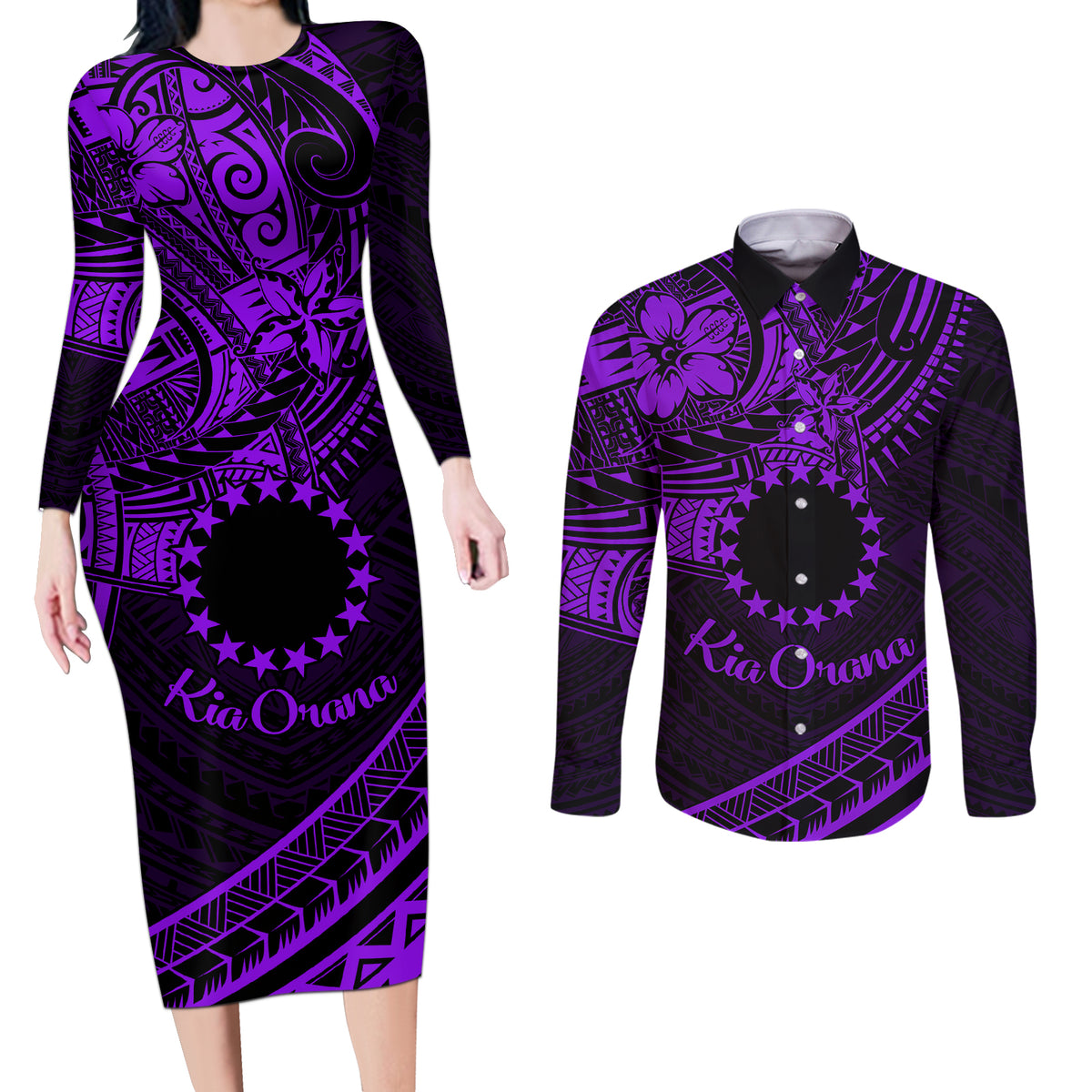 Kia Orana Cook Islands Couples Matching Long Sleeve Bodycon Dress and Long Sleeve Button Shirt Circle Stars With Floral Purple Pattern LT01 Purple - Polynesian Pride
