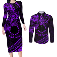 Kia Orana Cook Islands Couples Matching Long Sleeve Bodycon Dress and Long Sleeve Button Shirt Circle Stars With Floral Purple Pattern LT01 Purple - Polynesian Pride