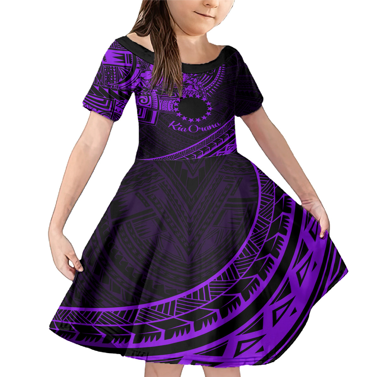 Kia Orana Cook Islands Family Matching Mermaid Dress and Hawaiian Shirt Circle Stars With Floral Purple Pattern LT01 Daughter's Dress Purple - Polynesian Pride