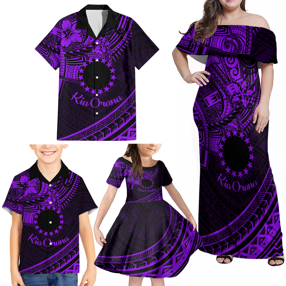 Kia Orana Cook Islands Family Matching Off Shoulder Maxi Dress and Hawaiian Shirt Circle Stars With Floral Purple Pattern LT01 - Polynesian Pride