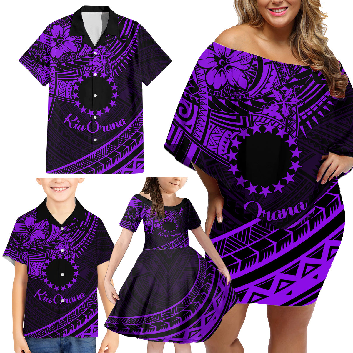 Kia Orana Cook Islands Family Matching Off Shoulder Short Dress and Hawaiian Shirt Circle Stars With Floral Purple Pattern LT01 - Polynesian Pride