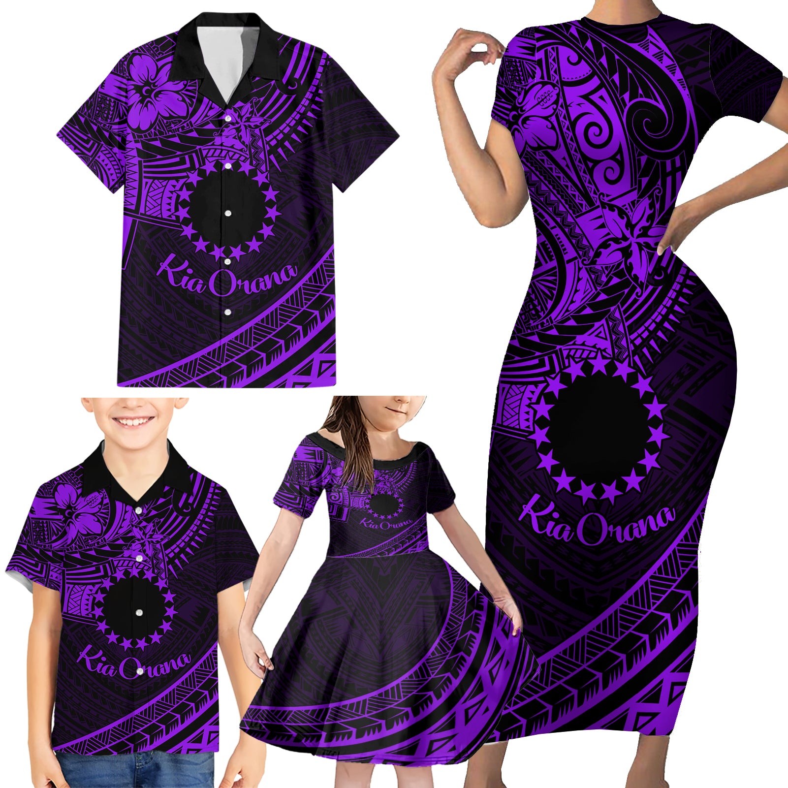 Kia Orana Cook Islands Family Matching Short Sleeve Bodycon Dress and Hawaiian Shirt Circle Stars With Floral Purple Pattern LT01 - Polynesian Pride