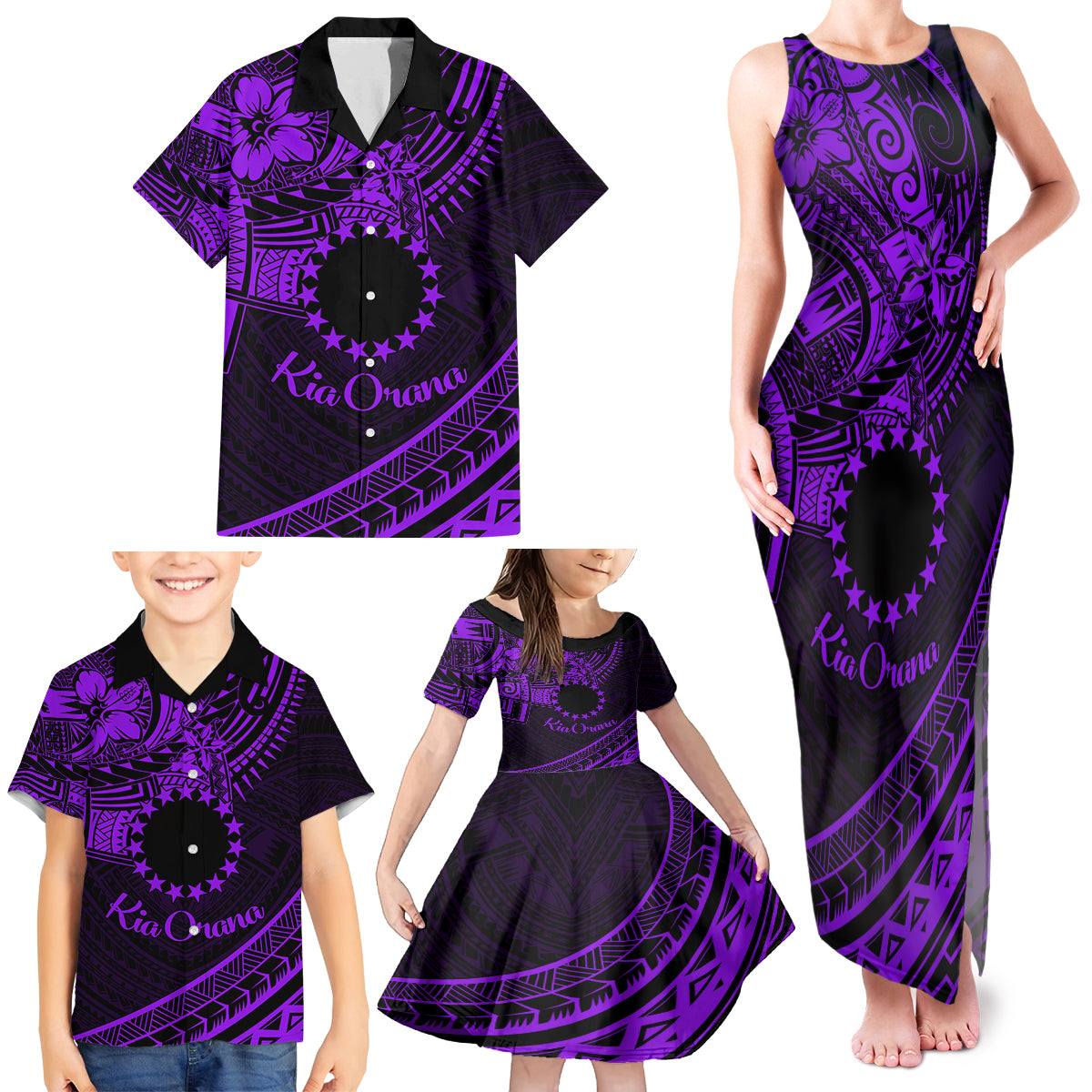 Kia Orana Cook Islands Family Matching Tank Maxi Dress and Hawaiian Shirt Circle Stars With Floral Purple Pattern LT01 - Polynesian Pride