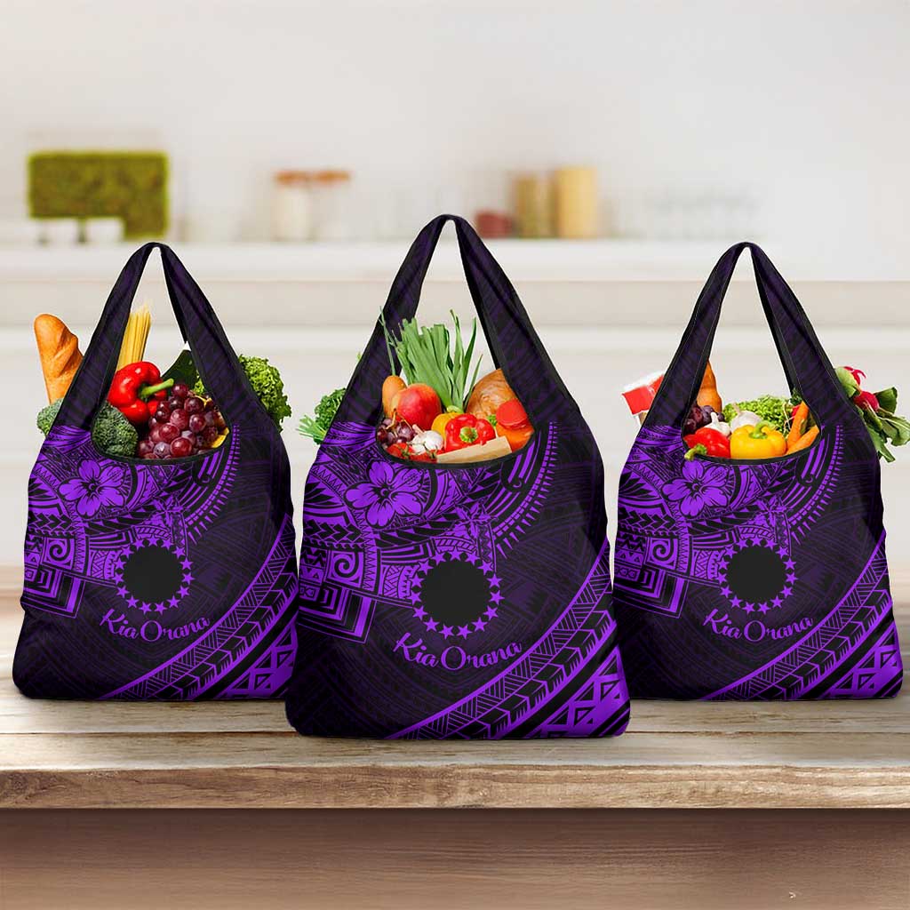 Kia Orana Cook Islands Grocery Bag Circle Stars With Floral Purple Pattern LT01 3-pack One Size Purple - Polynesian Pride