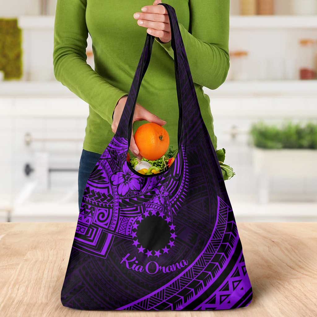 Kia Orana Cook Islands Grocery Bag Circle Stars With Floral Purple Pattern LT01 - Polynesian Pride