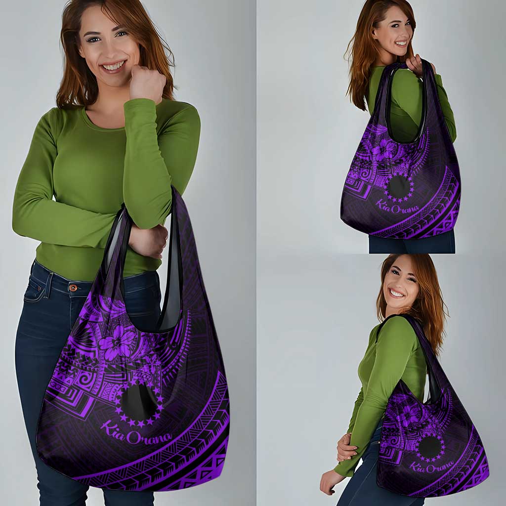 Kia Orana Cook Islands Grocery Bag Circle Stars With Floral Purple Pattern LT01 - Polynesian Pride
