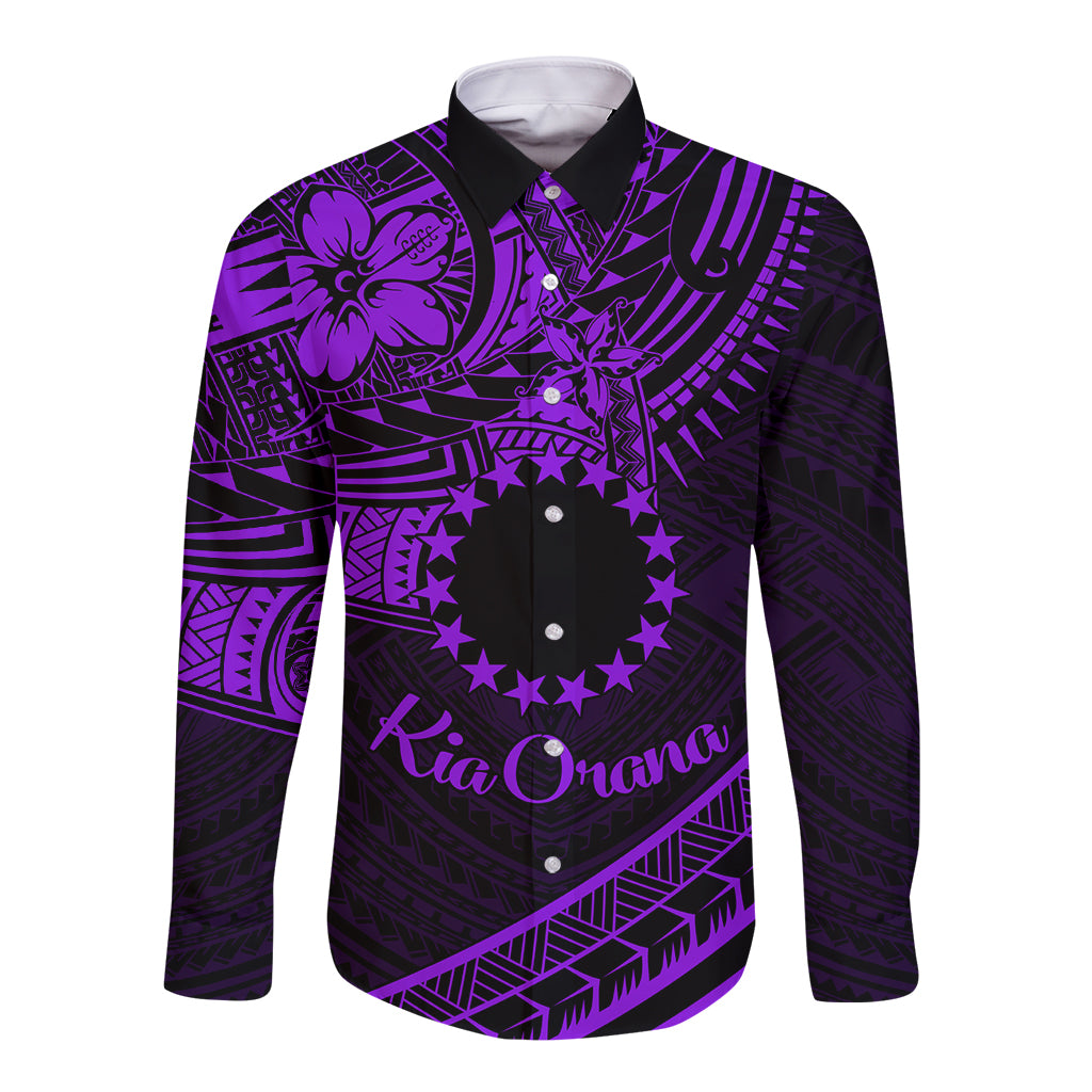 Kia Orana Cook Islands Long Sleeve Button Shirt Circle Stars With Floral Purple Pattern LT01 Unisex Purple - Polynesian Pride