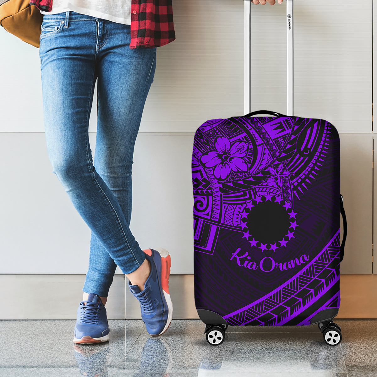Kia Orana Cook Islands Luggage Cover Circle Stars With Floral Purple Pattern LT01 - Polynesian Pride