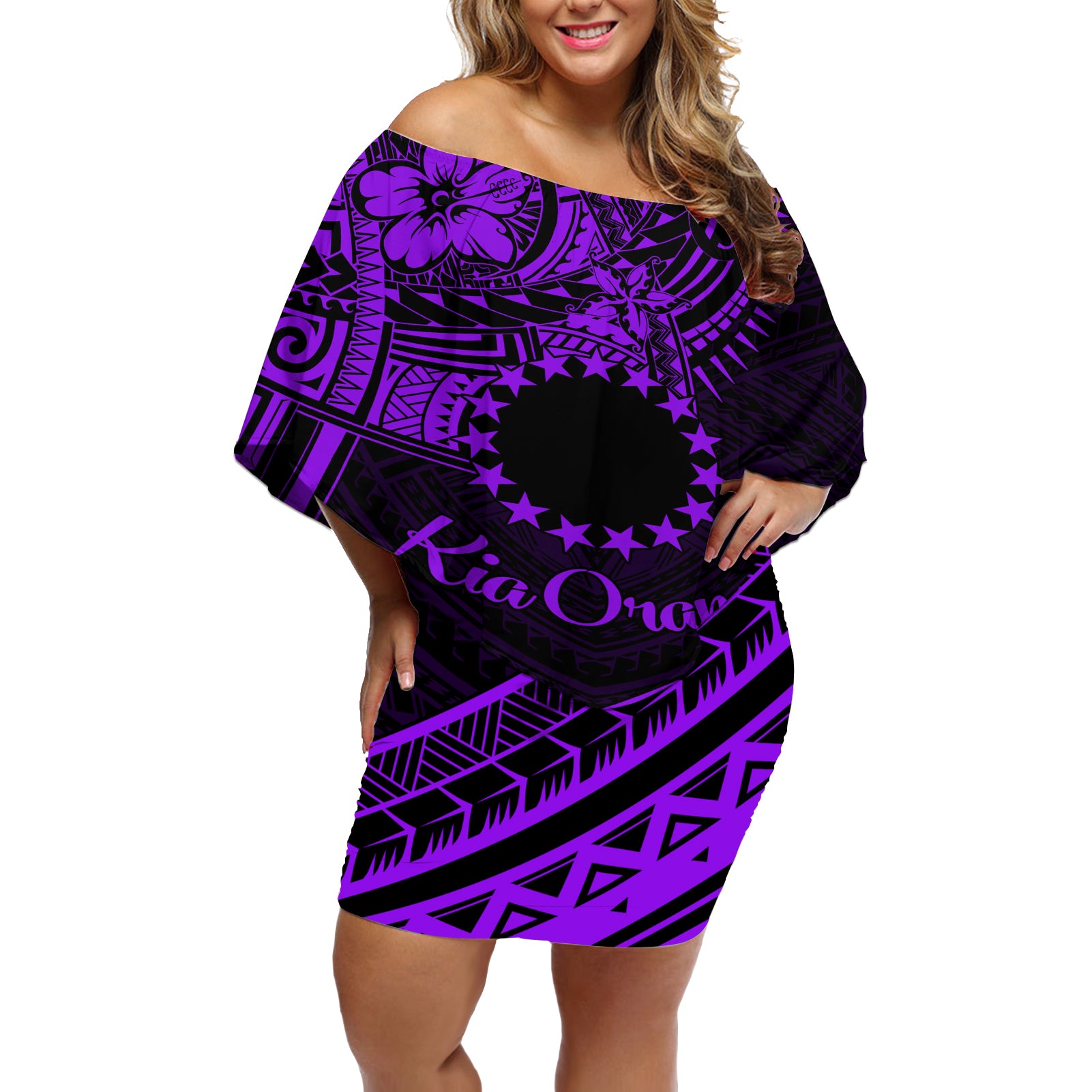 Kia Orana Cook Islands Off Shoulder Short Dress Circle Stars With Floral Purple Pattern LT01 Women Purple - Polynesian Pride