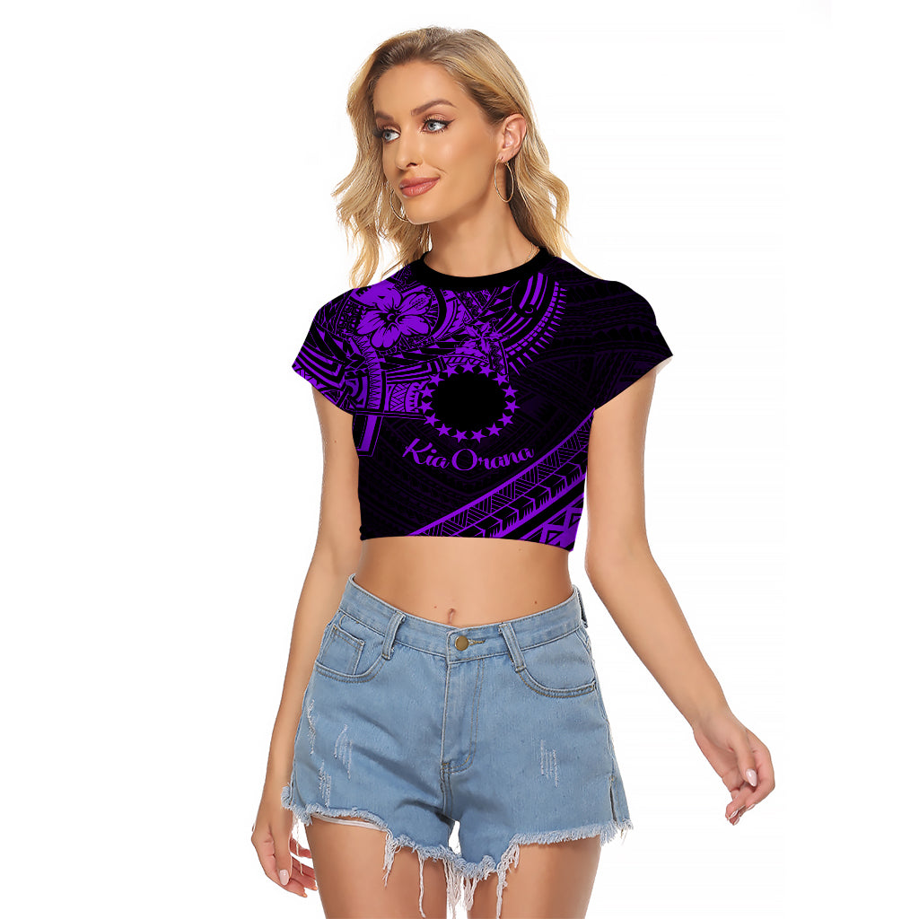 Kia Orana Cook Islands Raglan Cropped T Shirt Circle Stars With Floral Purple Pattern LT01 Female Purple - Polynesian Pride