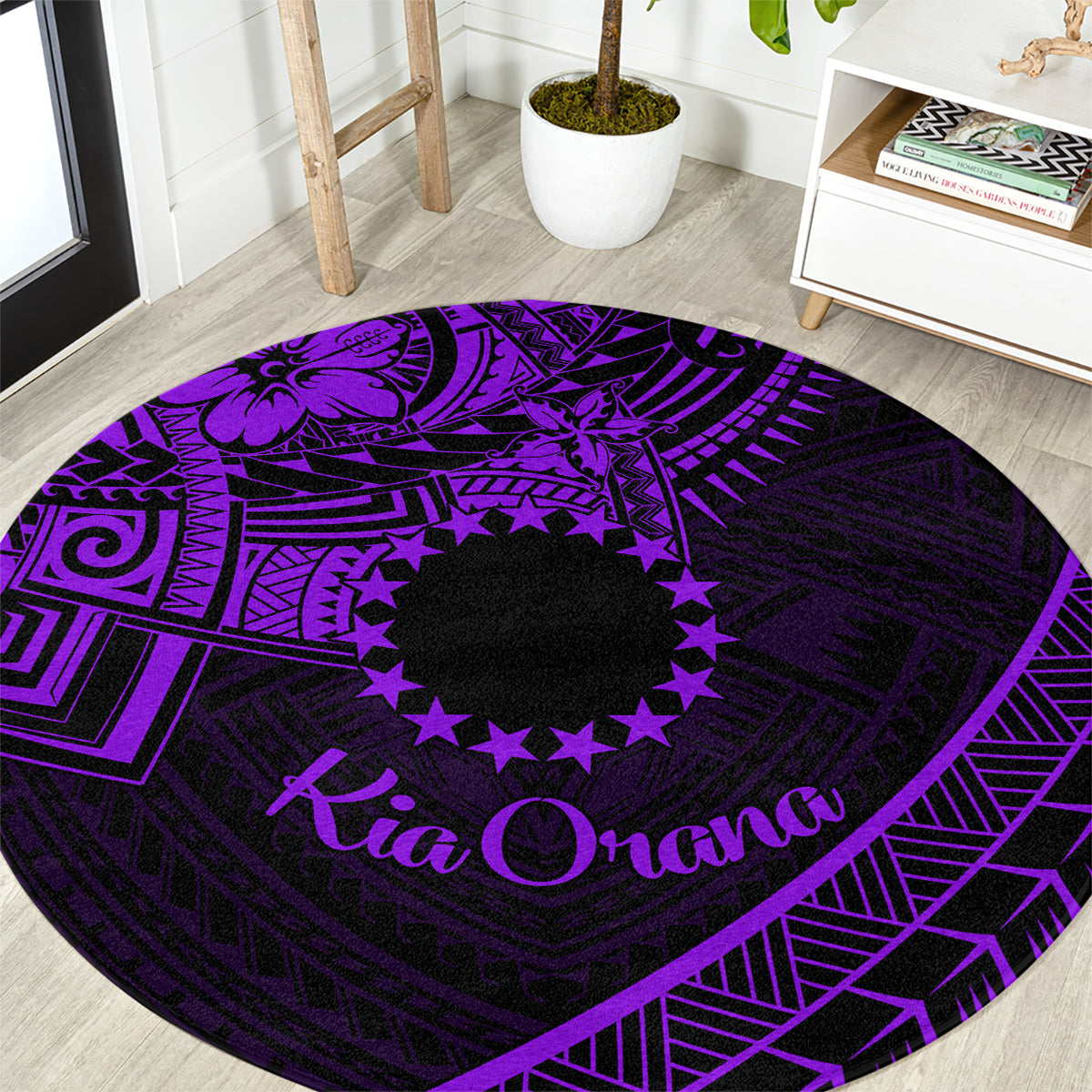 Kia Orana Cook Islands Round Carpet Circle Stars With Floral Purple Pattern LT01 Purple - Polynesian Pride