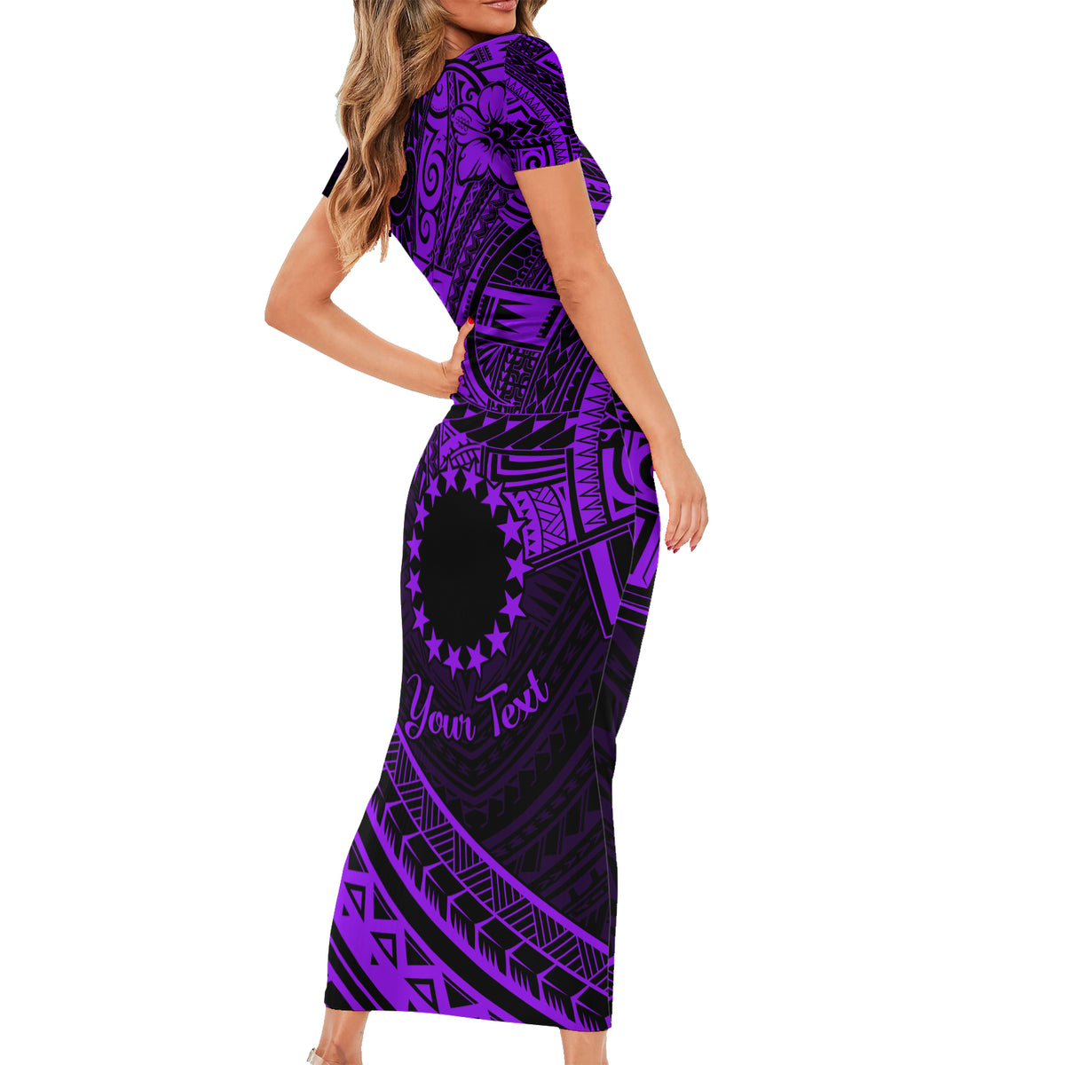 Kia Orana Cook Islands Short Sleeve Bodycon Dress Circle Stars With Floral Purple Pattern LT01 - Polynesian Pride