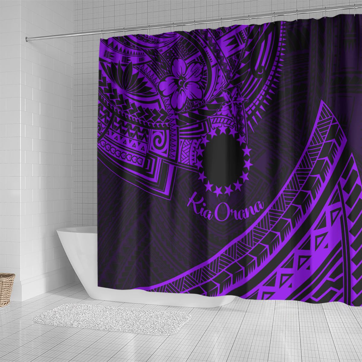 Kia Orana Cook Islands Shower Curtain Circle Stars With Floral Purple Pattern LT01 - Polynesian Pride
