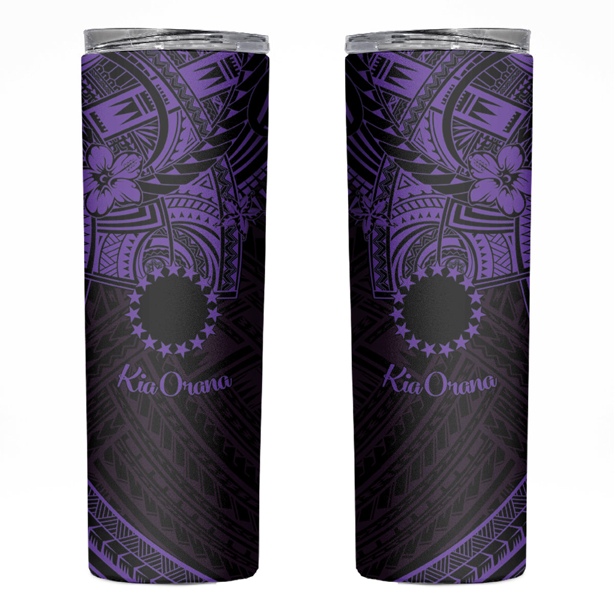 Kia Orana Cook Islands Skinny Tumbler Circle Stars With Floral Purple Pattern