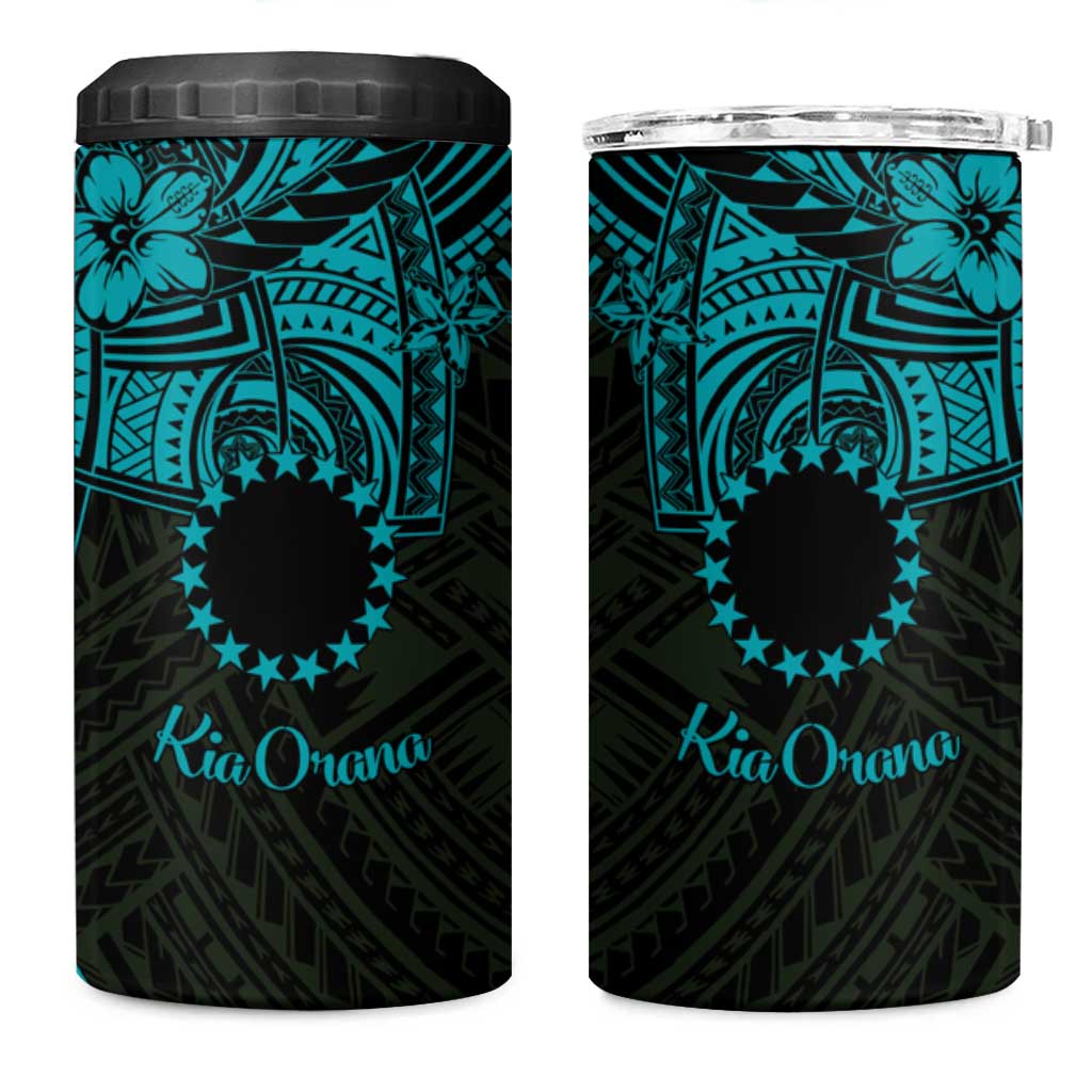 Kia Orana Cook Islands 4 in 1 Can Cooler Tumbler Circle Stars With Floral Turquoise Pattern