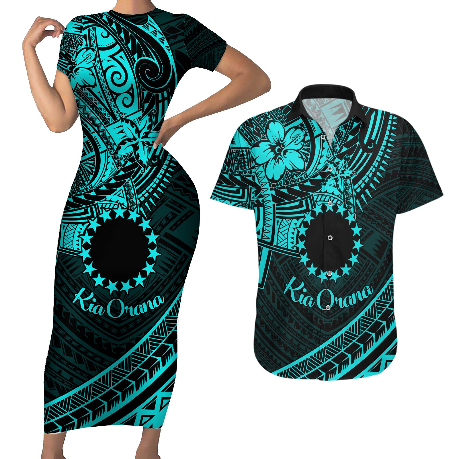 Kia Orana Cook Islands Couples Matching Short Sleeve Bodycon Dress and Hawaiian Shirt Circle Stars With Floral Turquoise Pattern LT01 Turquoise - Polynesian Pride