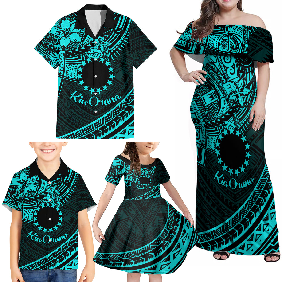 Kia Orana Cook Islands Family Matching Off Shoulder Maxi Dress and Hawaiian Shirt Circle Stars With Floral Turquoise Pattern LT01 - Polynesian Pride