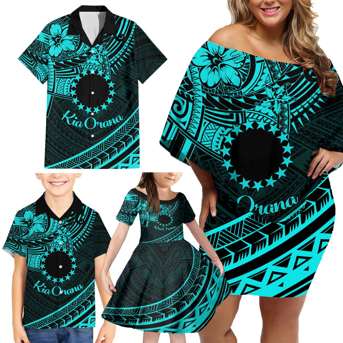 Kia Orana Cook Islands Family Matching Off Shoulder Short Dress and Hawaiian Shirt Circle Stars With Floral Turquoise Pattern LT01 - Polynesian Pride