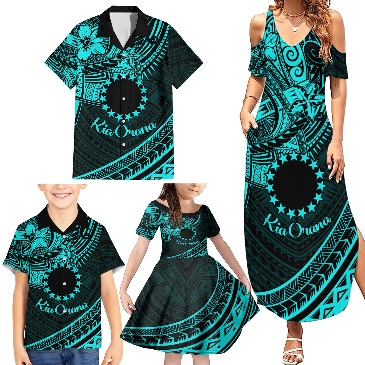 Kia Orana Cook Islands Family Matching Summer Maxi Dress and Hawaiian Shirt Circle Stars With Floral Turquoise Pattern LT01 - Polynesian Pride