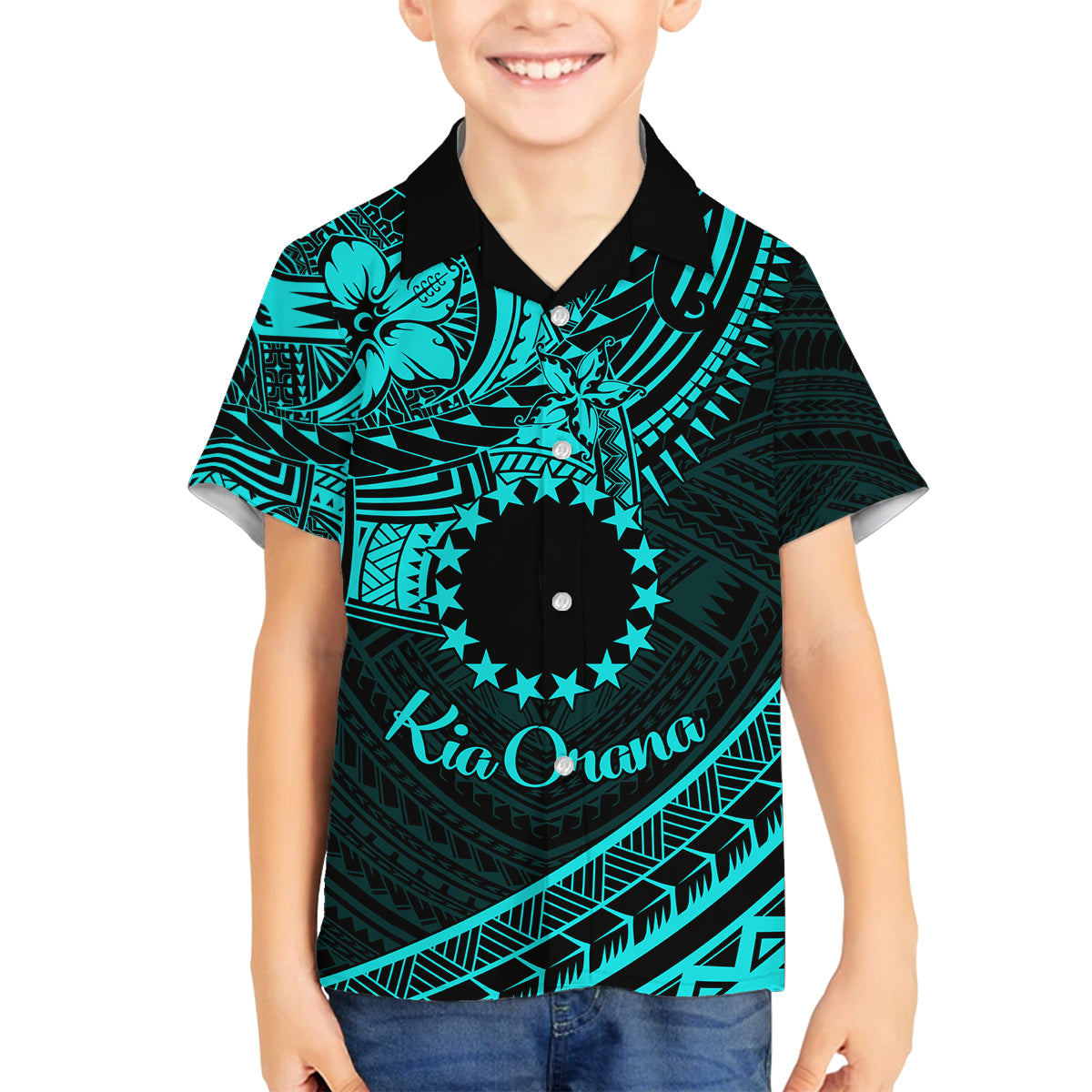 Kia Orana Cook Islands Family Matching Summer Maxi Dress and Hawaiian Shirt Circle Stars With Floral Turquoise Pattern LT01 Son's Shirt Turquoise - Polynesian Pride
