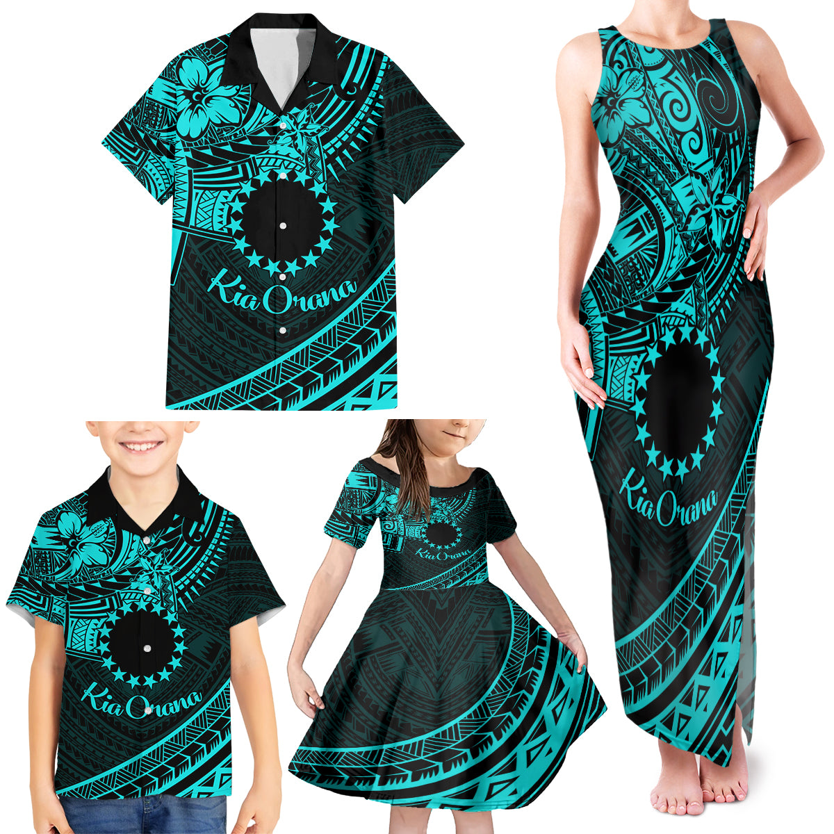 Kia Orana Cook Islands Family Matching Tank Maxi Dress and Hawaiian Shirt Circle Stars With Floral Turquoise Pattern LT01 - Polynesian Pride