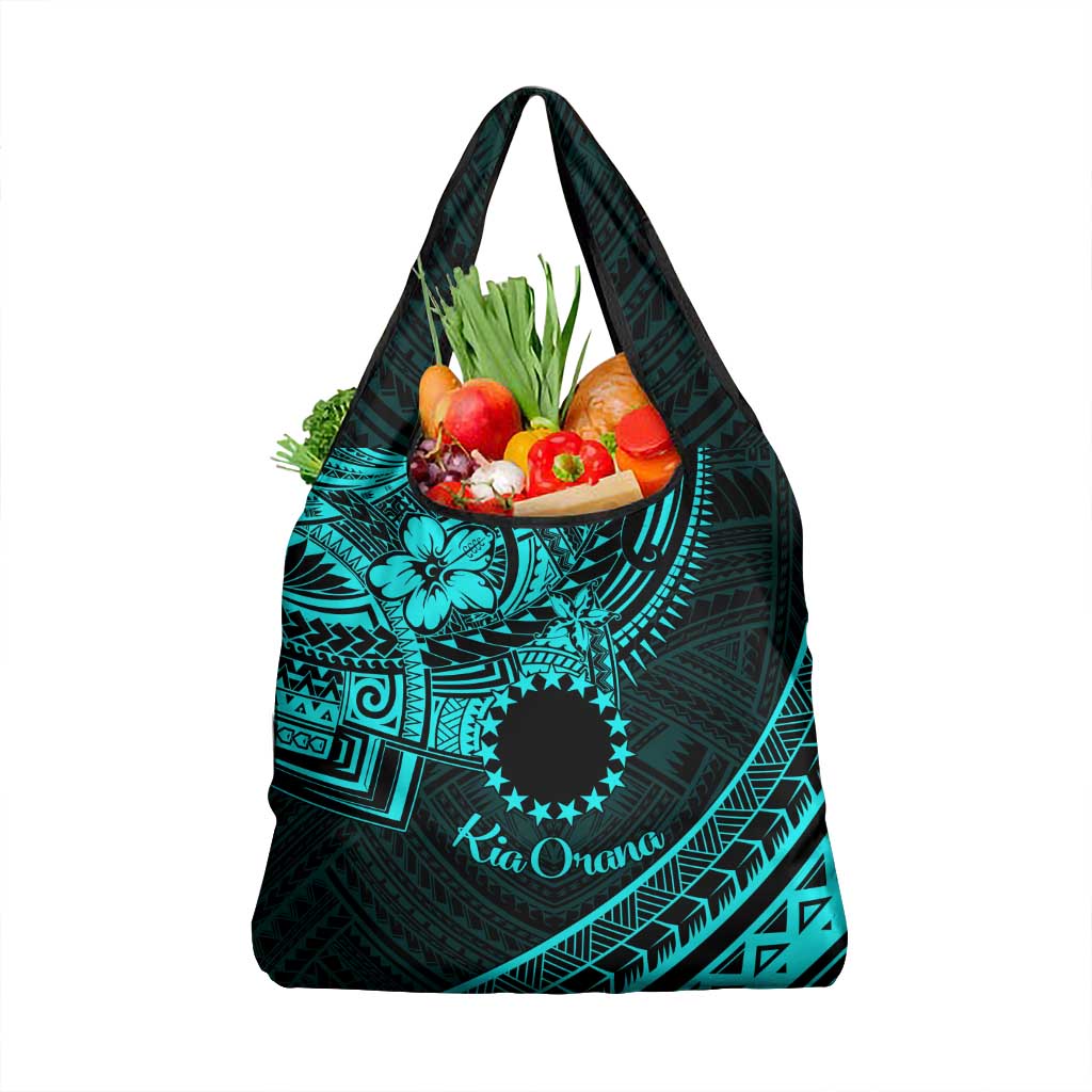 Kia Orana Cook Islands Grocery Bag Circle Stars With Floral Turquoise Pattern LT01 1-pack One Size Turquoise - Polynesian Pride