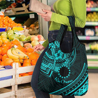 Kia Orana Cook Islands Grocery Bag Circle Stars With Floral Turquoise Pattern LT01 - Polynesian Pride