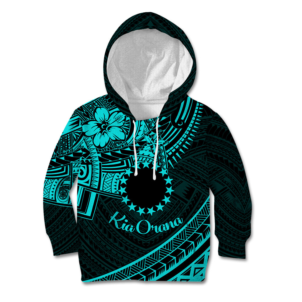 Kia Orana Cook Islands Kid Hoodie Circle Stars With Floral Turquoise Pattern LT01 Hoodie Turquoise - Polynesian Pride