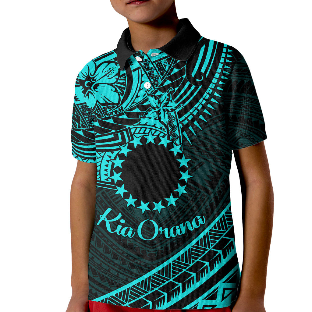 Kia Orana Cook Islands Kid Polo Shirt Circle Stars With Floral Turquoise Pattern LT01 Kid Turquoise - Polynesian Pride