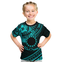Kia Orana Cook Islands Kid T Shirt Circle Stars With Floral Turquoise Pattern LT01 Turquoise - Polynesian Pride