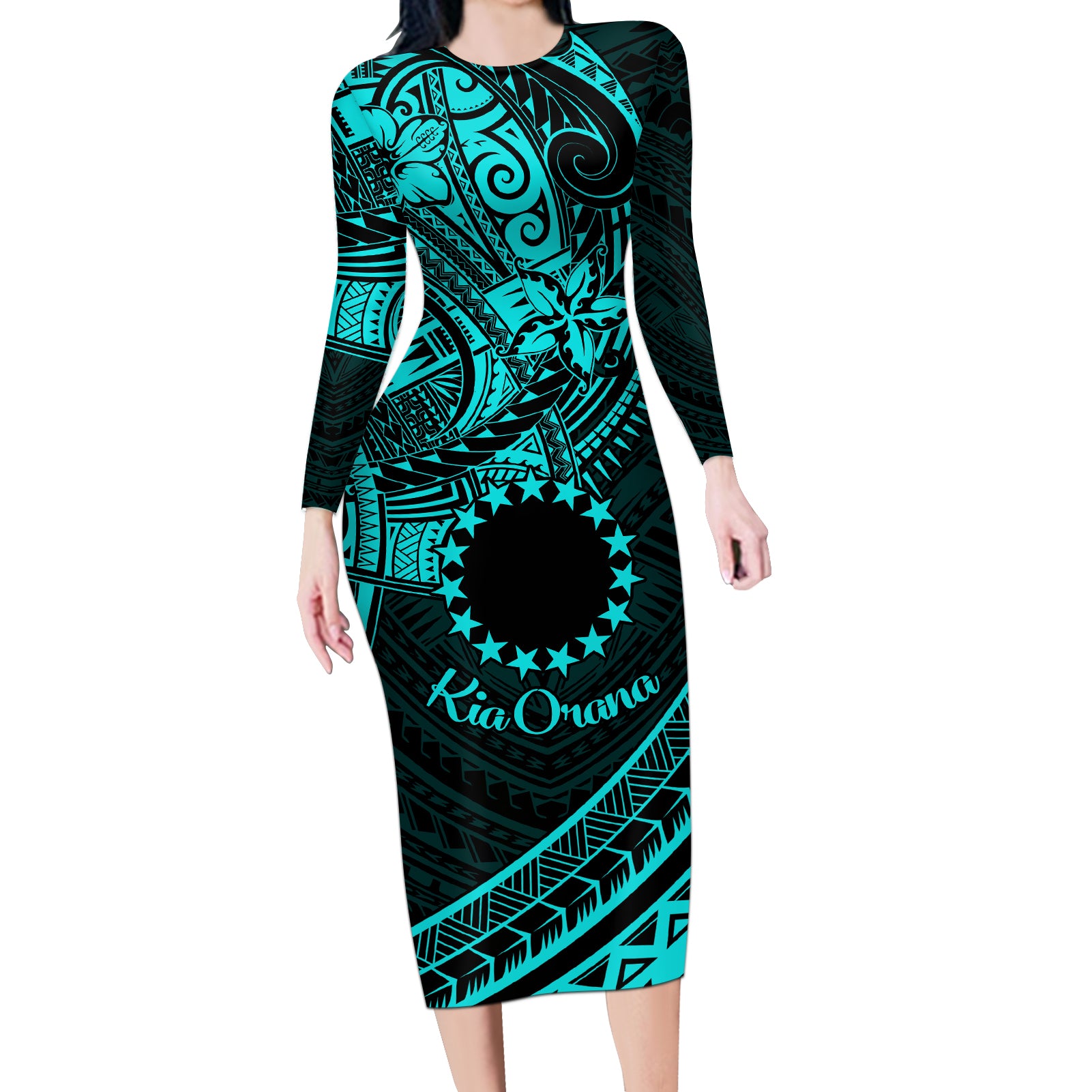 Kia Orana Cook Islands Long Sleeve Bodycon Dress Circle Stars With Floral Turquoise Pattern LT01 Long Dress Turquoise - Polynesian Pride