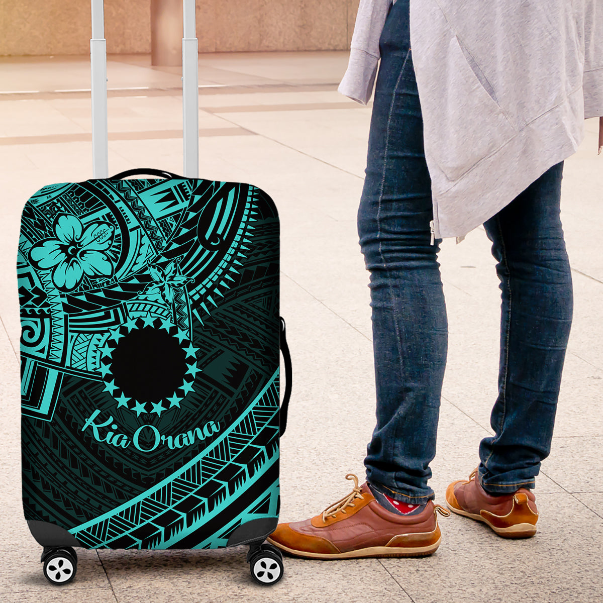 Kia Orana Cook Islands Luggage Cover Circle Stars With Floral Turquoise Pattern LT01 Turquoise - Polynesian Pride