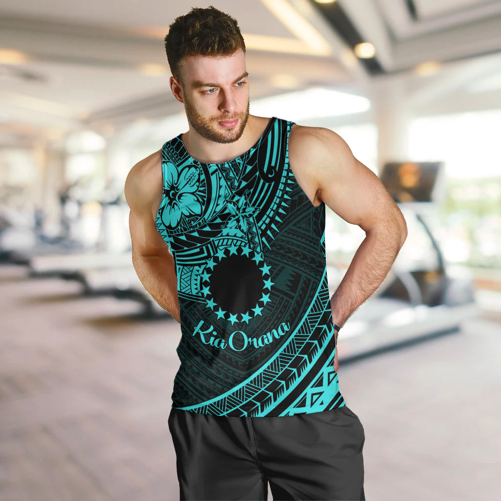 Kia Orana Cook Islands Men Tank Top Circle Stars With Floral Turquoise Pattern LT01 Turquoise - Polynesian Pride