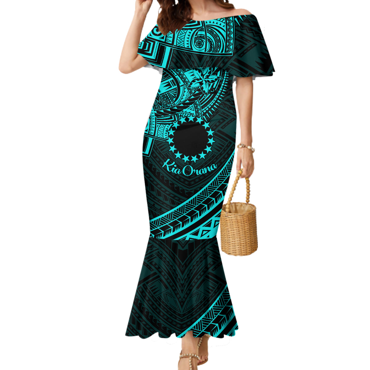 Kia Orana Cook Islands Mermaid Dress Circle Stars With Floral Turquoise Pattern LT01 Women Turquoise - Polynesian Pride