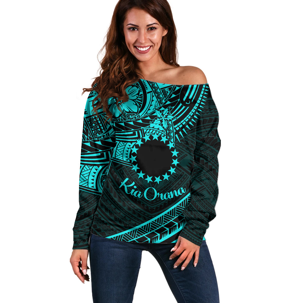 Kia Orana Cook Islands Off Shoulder Sweater Circle Stars With Floral Turquoise Pattern LT01 Women Turquoise - Polynesian Pride