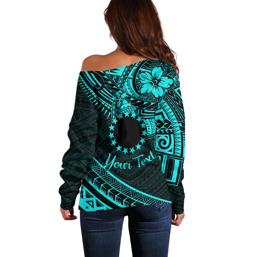 Kia Orana Cook Islands Off Shoulder Sweater Circle Stars With Floral Turquoise Pattern LT01 - Polynesian Pride