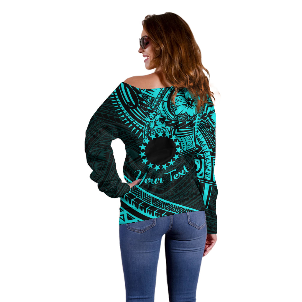 Kia Orana Cook Islands Off Shoulder Sweater Circle Stars With Floral Turquoise Pattern LT01 - Polynesian Pride