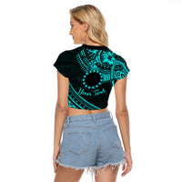 Kia Orana Cook Islands Raglan Cropped T Shirt Circle Stars With Floral Turquoise Pattern LT01 - Polynesian Pride