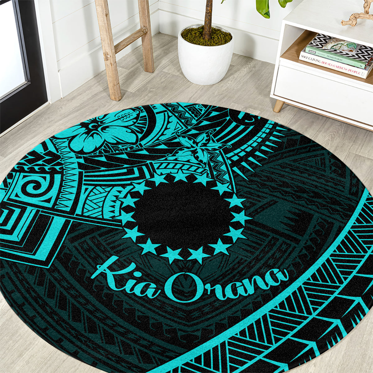 Kia Orana Cook Islands Round Carpet Circle Stars With Floral Turquoise Pattern LT01 Turquoise - Polynesian Pride