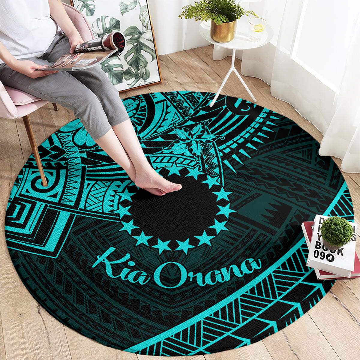 Kia Orana Cook Islands Round Carpet Circle Stars With Floral Turquoise Pattern LT01 - Polynesian Pride