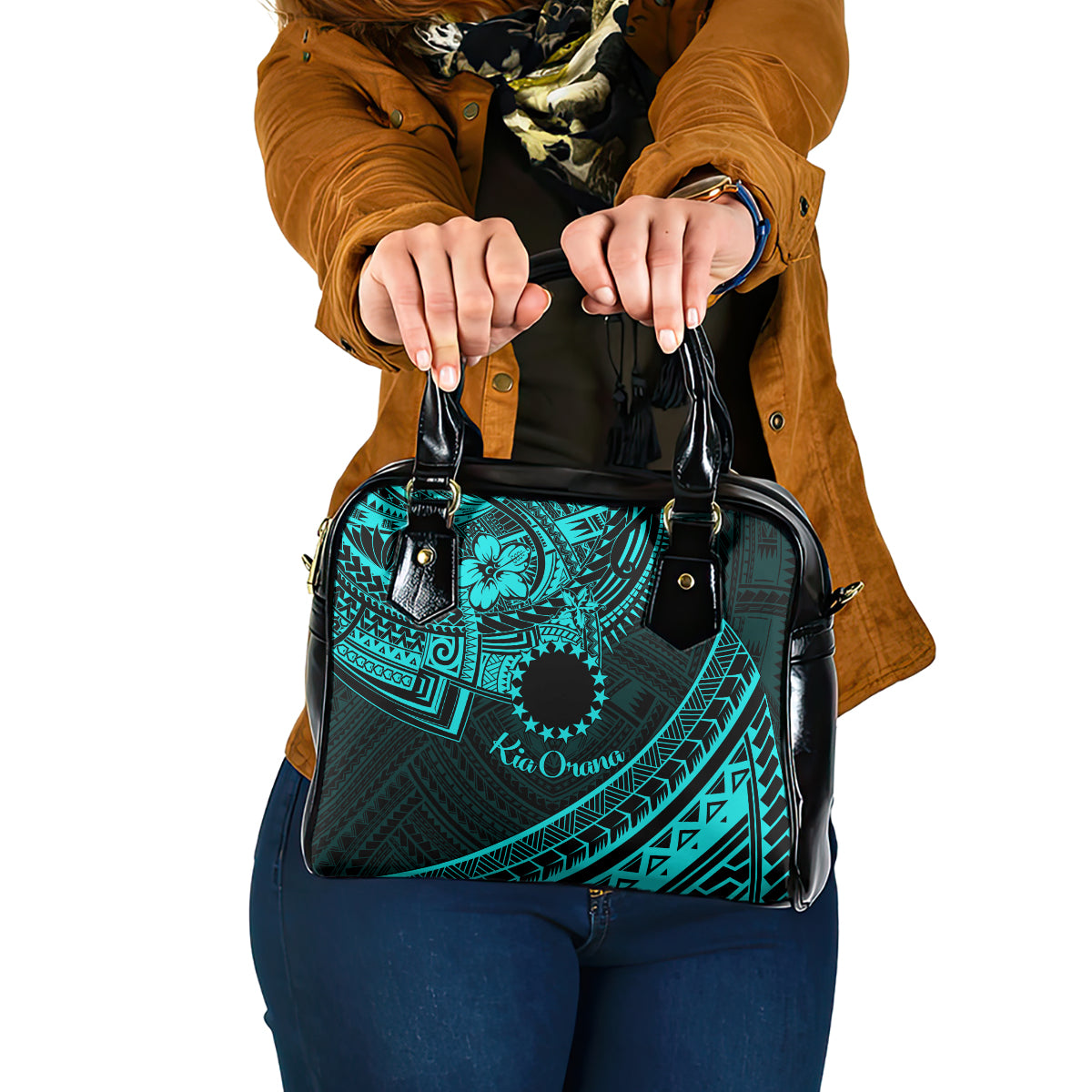 Kia Orana Cook Islands Shoulder Handbag Circle Stars With Floral Turquoise Pattern LT01 One Size Turquoise - Polynesian Pride