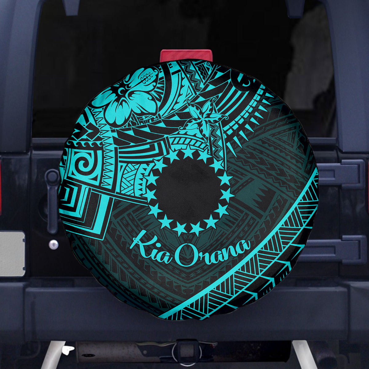 Kia Orana Cook Islands Spare Tire Cover Circle Stars With Floral Turquoise Pattern LT01 Turquoise - Polynesian Pride